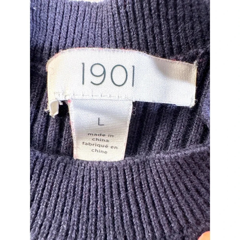 1901 Navy Ribbed Crew Neck Long Sleeve Sweater Top  L Cotton Blend Casual‎ Comfy
